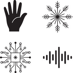 Four black and white icon set: hand, snowflake, circuit board, and sound wave on transparent background