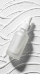 A frosted glass serum bottle sits on a textured white cream background in soft light