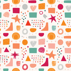 Abstract seamless pattern with 80s-inspired Memphis shapes in vibrant colors. Great for wrapping paper and fashion.