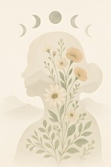 Spirit of the Peaks: Minimalist Female Silhouette with Wildflowers, Mountains & Moon Phases – Sage & Beige Watercolor Wall Art