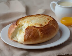 Cheese-Stuffed Breakfast Bread with Egg Yolk and Parsley Garnish
