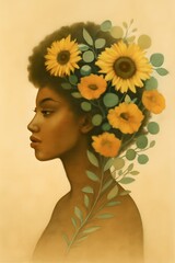 Golden Serenity: Portrait of Black Woman with Afro of Sunflowers, Eucalyptus & Poppies – Botanical Home Decor Art