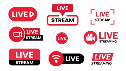 Live streaming icon set. Different shape Red and black symbols and buttons of live streaming.