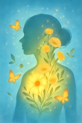 Garden of Light: Magical Woman with Transparent Skin, Glowing Chest Garden & Butterflies – Surreal Watercolor Fantasy Art