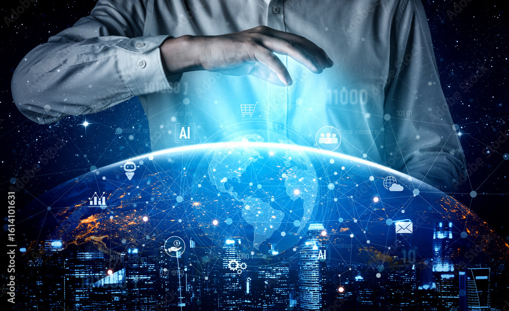 Poster global ai-powered digital network ecosystem connecting data, finance, analytics, ecommerce, communic