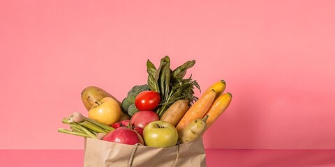 Vibrant Fresh Produce in Paper Bag: Healthy Eating Concept, Pink Background, Studio Shot.