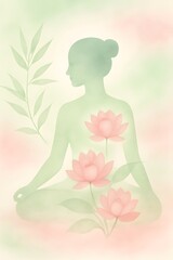 Lotus Zen: Meditating Woman in Lotus Pose Dissolving into Blooming Flowers & Bamboo – Minimalist Watercolor Wellness Art