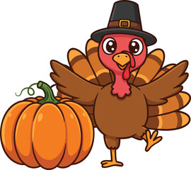 Fototapeta premium Turkey with pilgrim hat standing next to large orange pumpkin for Thanksgiving celebration vector illustration 