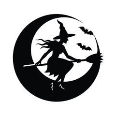 Silhouette of a witch flying on a broomstick against a crescent moon with bats.