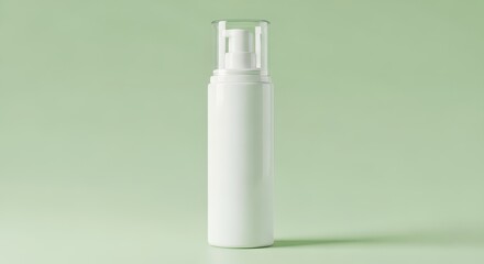 A white cosmetic bottle with a pump dispenser stands against a pale green background