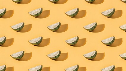 Vibrant Lime Wedges Pattern: Sunny Yellow Background, Summer Mood, Fresh Citrus, Minimalist Design, Repeating Texture, Food Photography.