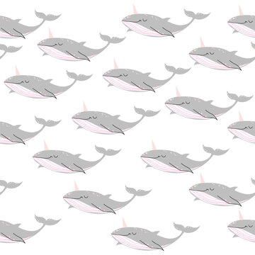 Cute grey whale narwal on a white background seamless pattern. T-shirt art, pajamas print
