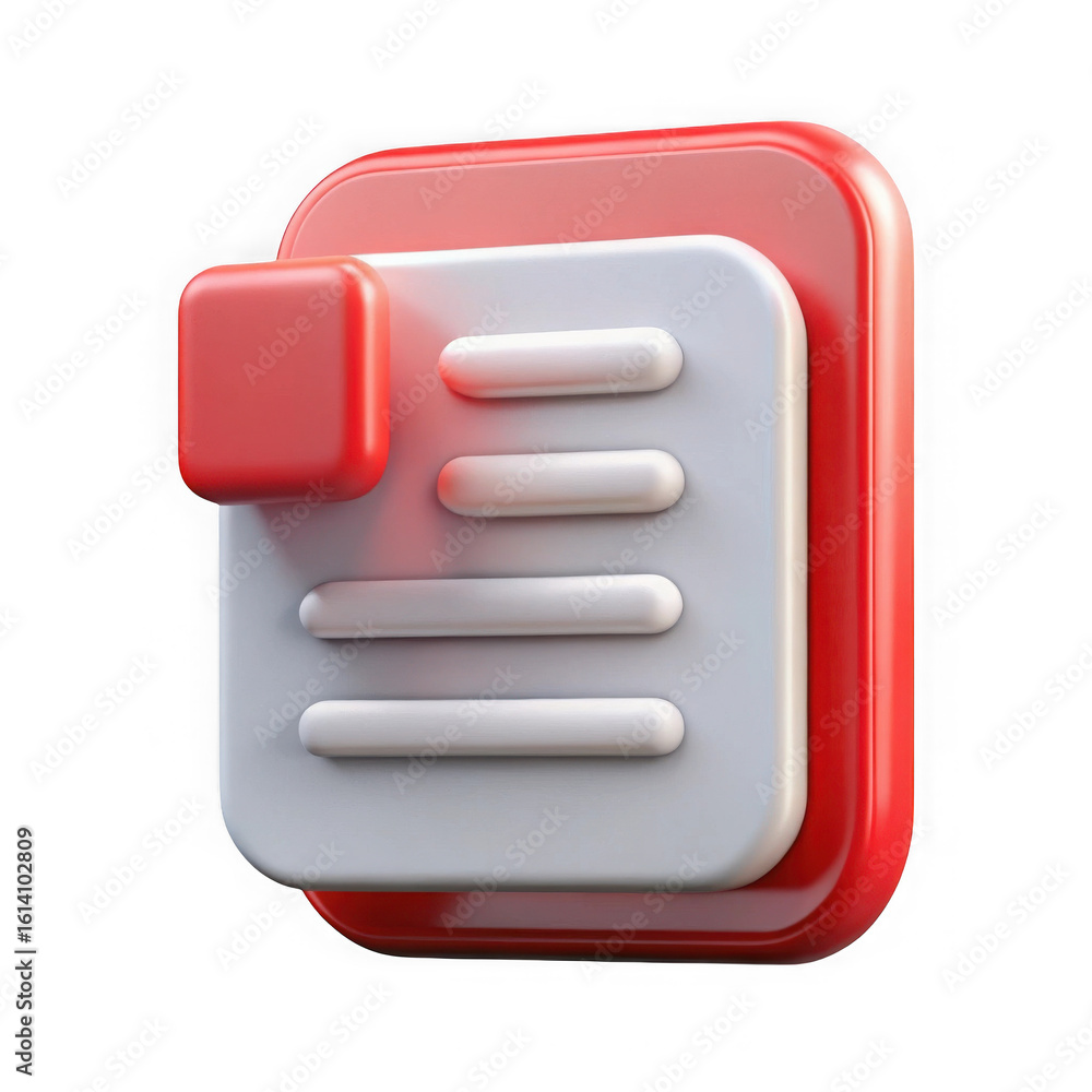 Poster stylized 3d document icon with red accent and white text lines isolated on transparent background