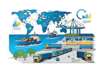 Global Logistics Network with Ships, Trucks and Trains