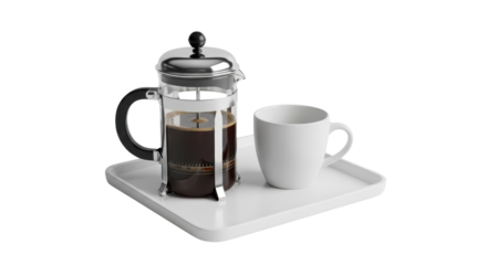 French press coffee and a cup on a tray
