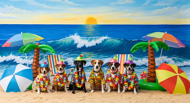 Six dogs wearing Hawaiian shirts and hats on a beach
