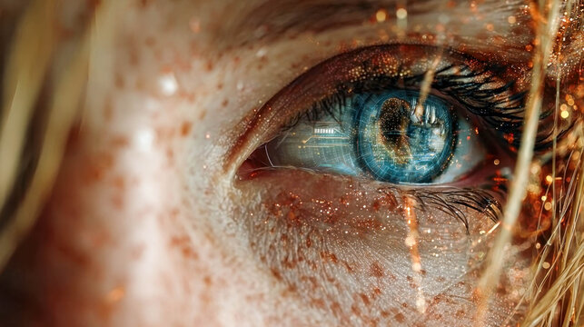 Hyper-detailed close-up of a blue eye reflecting futuristic HUD graphics, blending technology with human vision and imagination