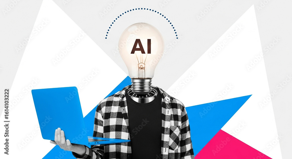 Poster a conceptual image of an ai figure with a lightbulb head, symbolizing the bright future of artificia