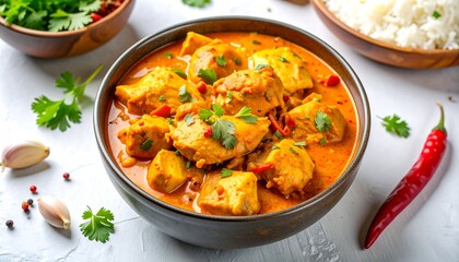 Chicken curry in bowl with rice
