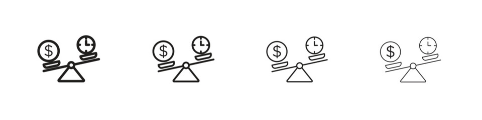 Time and money compare scale icon set, Illustration, Black