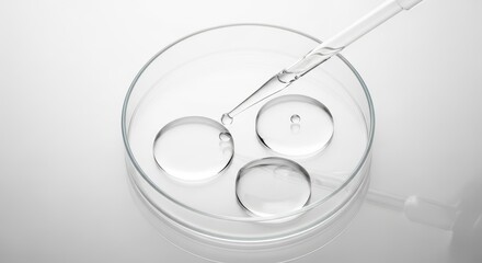 A petri dish contains three clear liquid samples with a dropper poised above the liquid