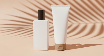 Cosmetic bottle and tube mockup with palm leaf shadow on a beige surface