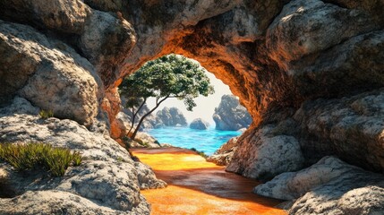 Coastal cave path, ocean view, sunlight, rocks, idyllic