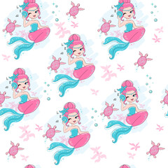Cute cartoon illustration with beautiful mermaid and turtle on a white background seamless pattern. T-shirt art, pajamas print