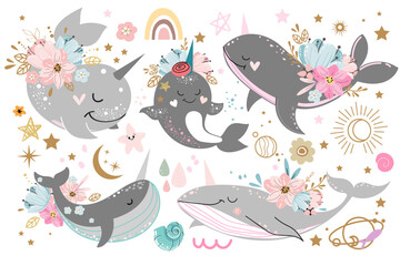 Hand drawn collection with whale and narwhal and flowers in boho style. Vector illustration on a white background