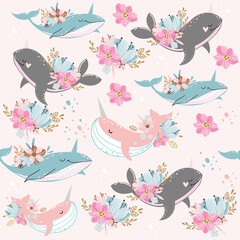 Trend blue and grey whale, narwhal and flowers seamless pattern on a pink background. Doodle boho style. Design for kids. Vector illustration