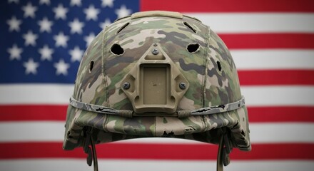Military helmet with camouflage pattern and USA flag as background for Veteran's Day or Independence Day.