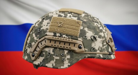 Military helmet with shrapnel holes over the Russian flag, symbolizing conflict and the harsh realities of war for news concept.