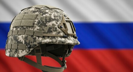 Military helmet in camouflage pattern against the national flag. Concept of army, conflict, and protection. War background illustration.