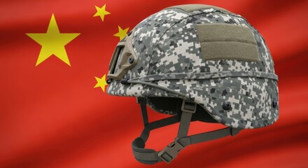 Camouflage tactical military helmet on a Chinese flag background. Soldier concept for defense forces and national security themes.