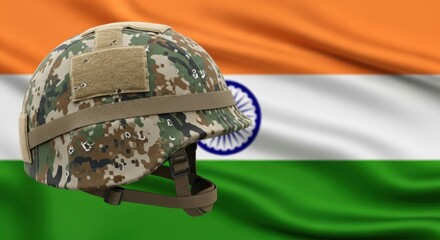 Military helmet with camouflage pattern. Army protective gear in front of the flag of India. Defense and security concept for a nation.