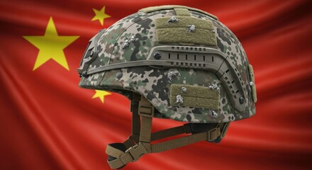 Military helmet in camouflage color against the Chinese flag. Global conflict and defense strategy concept for news and publication.