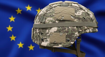 Military army helmet with camouflage pattern and bullet holes on european union flag background. War and conflict concept.