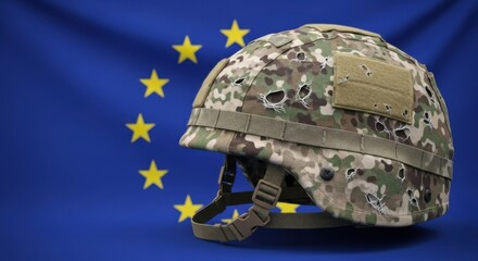 Military combat helmet with bullet holes and camouflage pattern against the European union flag. War and conflict concept.