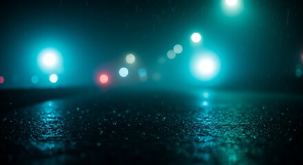 Mesmerizing reflections of vibrant street lights on rain-soaked city pavement, creating an abstract bokeh effect and tranquil atmosphere of urban night.