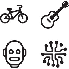 Four black and white icons: bicycle, guitar, robot face, and circuit board on transparent background