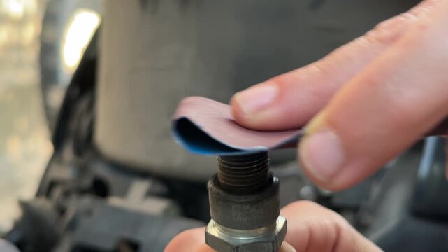 close up of cleaning spark plug with sandpaper. High quality 4k footage