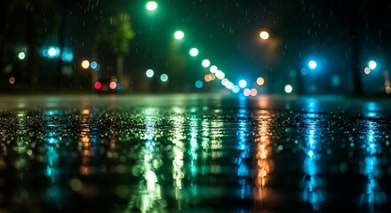 Vibrant city lights reflecting on a wet street during a rainy night, creating a colorful abstract bokeh effect