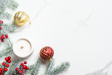 Christmas flat lay background on white.