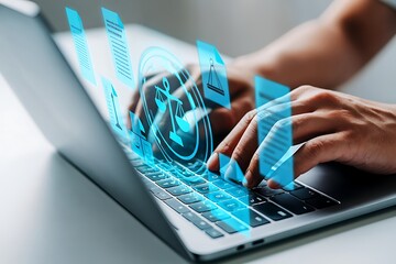 Close up of hands typing on a laptop keyboard with abstract glowing blue digital data streams and code flowing around the fingers representing technology and information processing