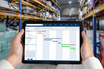 Project planning software for modish business project management on the computer screen showing...