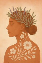 Boho Muse: Woman with Lavender & Olive Crown, Abstract Floral Tattoos – Terracotta Cream Botanical Portrait Art