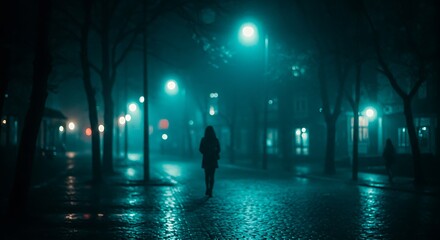 A solitary figure walks down a wet city street at night, enveloped in a mysterious fog and illuminated by cinematic teal streetlights.