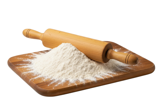 Pile of flour with rolling pin on wooden tray
