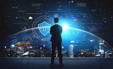 Cyber security interface with biometric and AI-powered protection system. Cyber security secures...