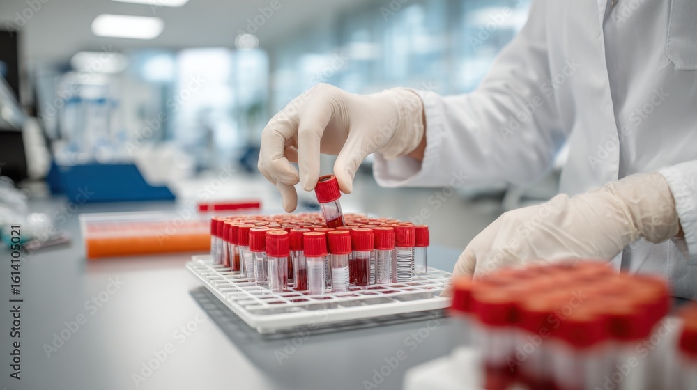 Poster side view of a focused laboratory technician arranging blood samples on a tray while working in a mo